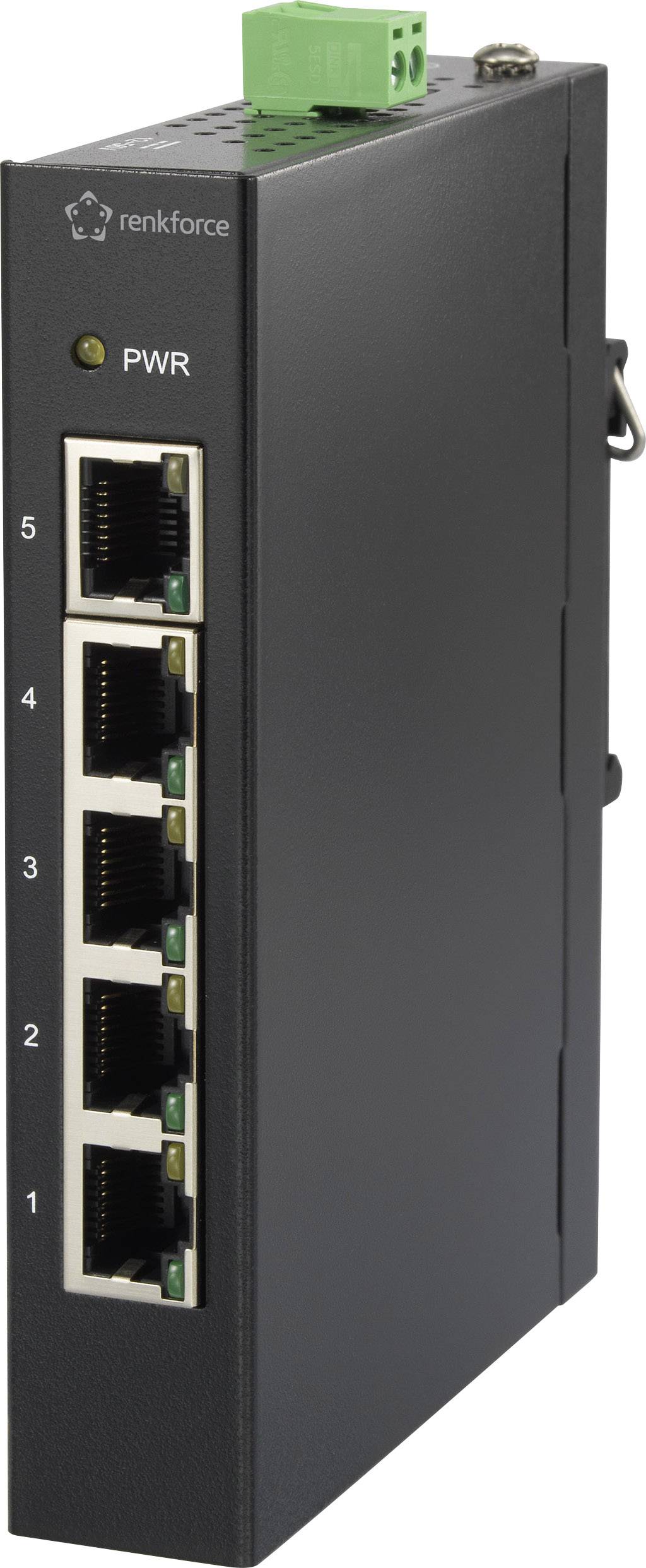 Sort netværksswitch med fem Ethernet-porte og grøn strømtilslutning øverst. Bruges til distribution af netværkssignaler.