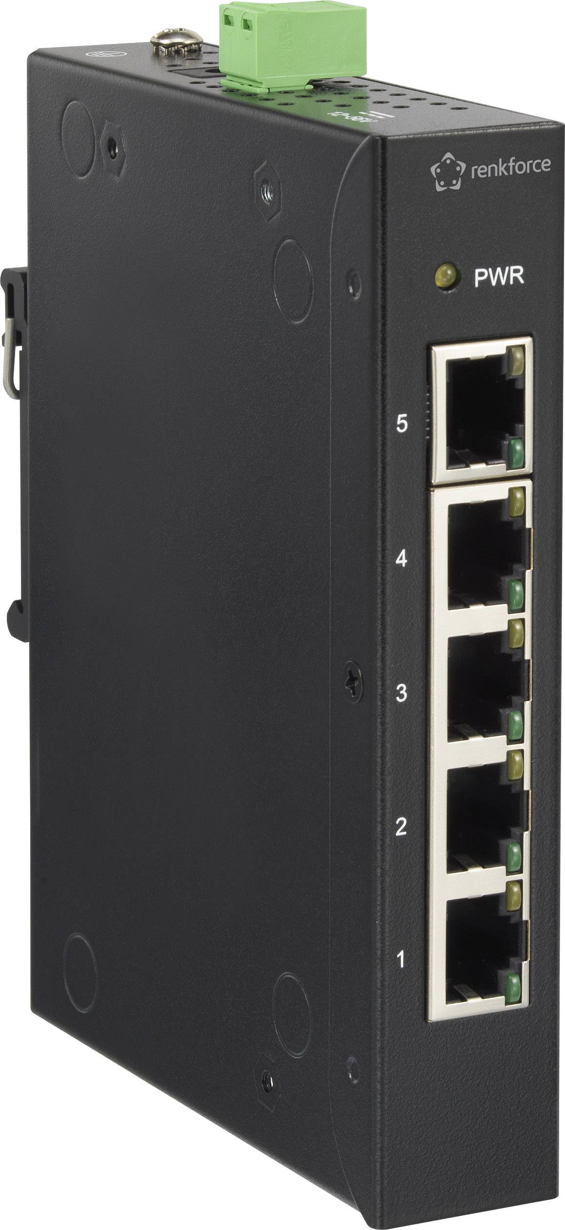 Industriel netværksswitch med fem Ethernet-porte og PWR-indikator, robust design til hårde miljøer, fra renkforce.
