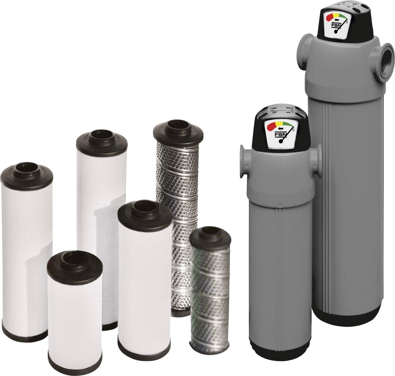 To grå luftfiltre med sorte hætter, ledsaget af seks udskiftelige filterpatroner til venstre, fremstillet af forskellige materialer.