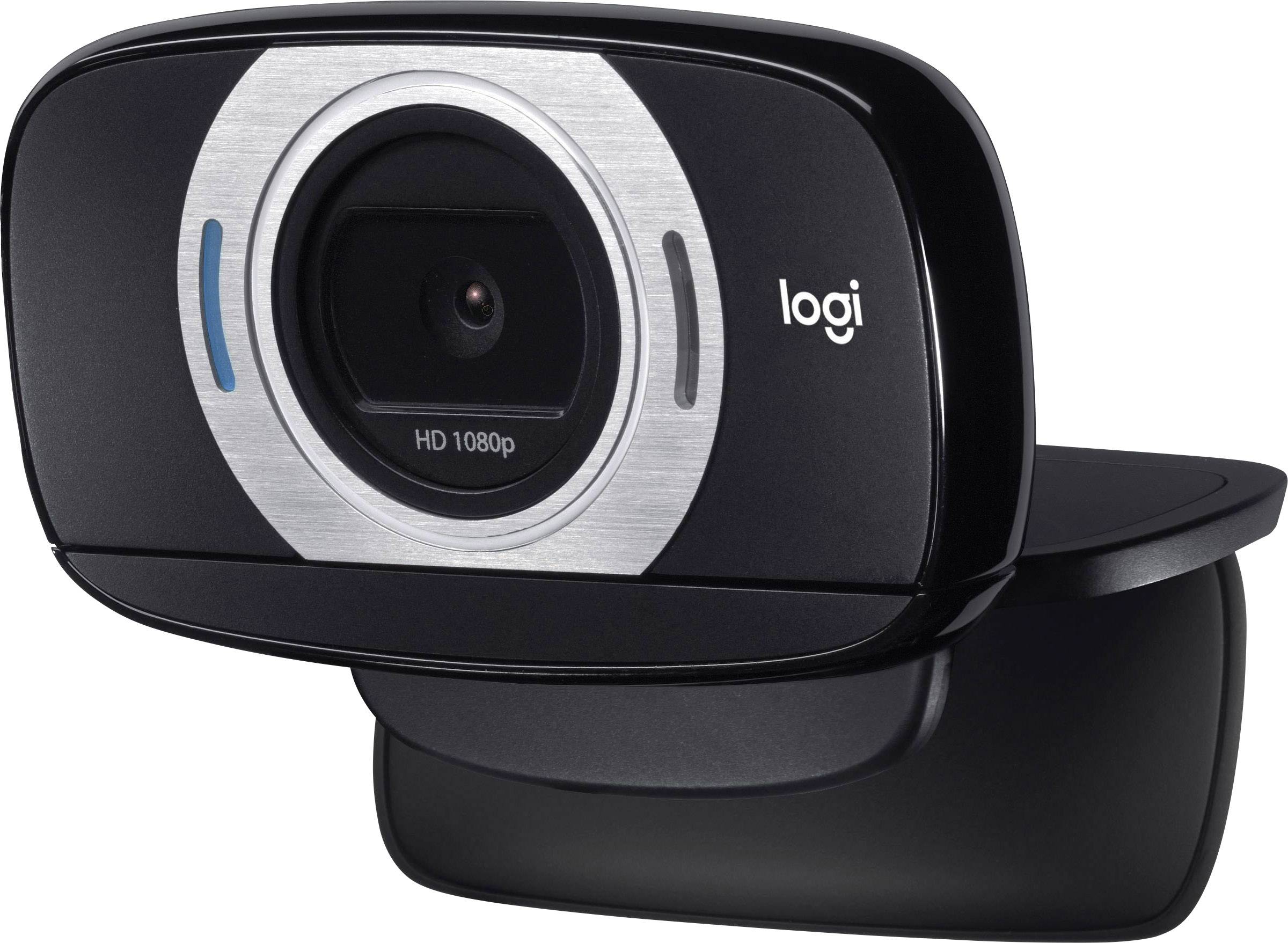 Sort webcam med sølvring omkring objektivet, 'Logi'-logo på højre side, understøtter HD 1080p opløsning.
