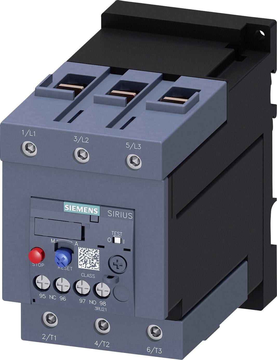 Et Siemens-kontaktor til styring af elektriske effektkredsløb, blå kabinet med røde og blå knapper, flere tilslutninger.