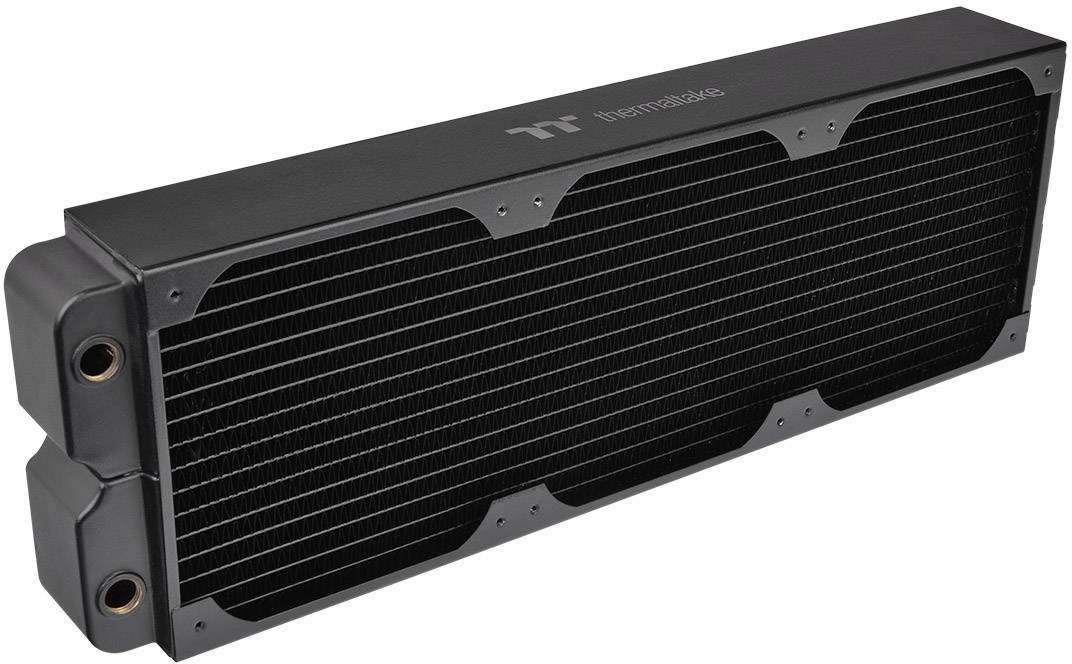 En sort, rektangulær computerkøler (radiator) med lamellstruktur, egnet til varmeafledning i vandkølingssystemer.