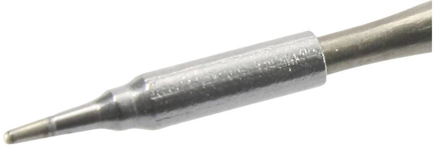 Loddehornet på en loddestation, spids og metallisk skinnende, velegnet til fine lodninger på elektroniske enheder.
