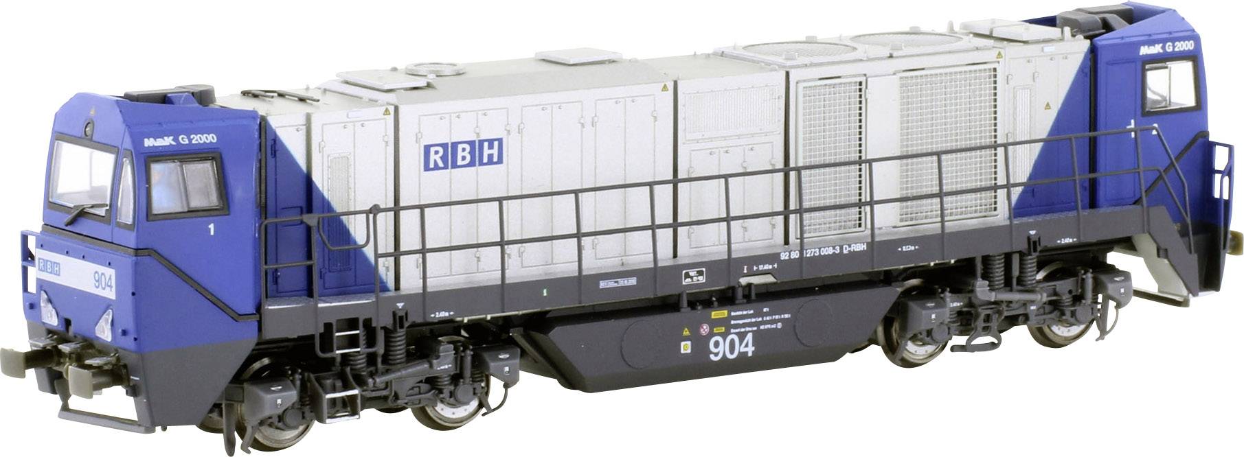 En blå-hvid modeltokomotive af mærket 'Mak G 1206' med påskriften 'RBH' på siden, på hvid baggrund.