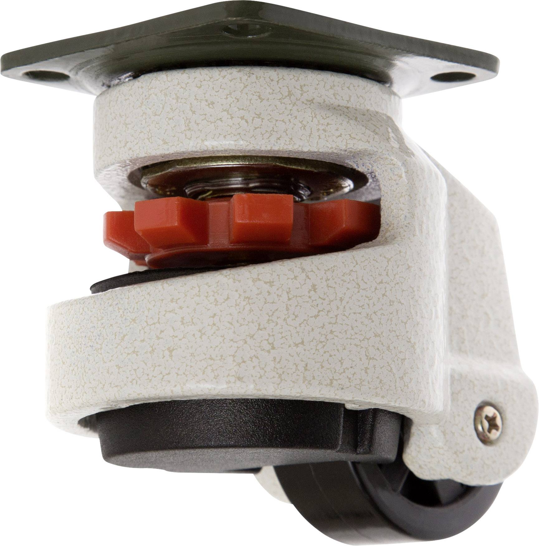 Et hvidt, svingbart rulleleje med rødt tandhjul og sort hjul, til fastgørelse under læs eller møbler.