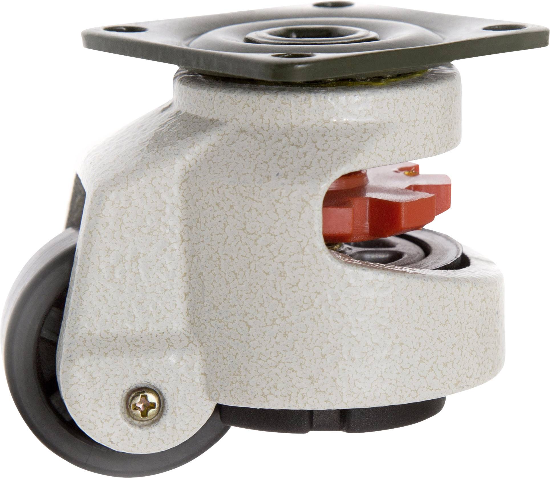 Nærbillede af et grå kraftig hjul med en rød dæmper. Det viser en robust konstruktion, egnet til møbler eller industriel brug.