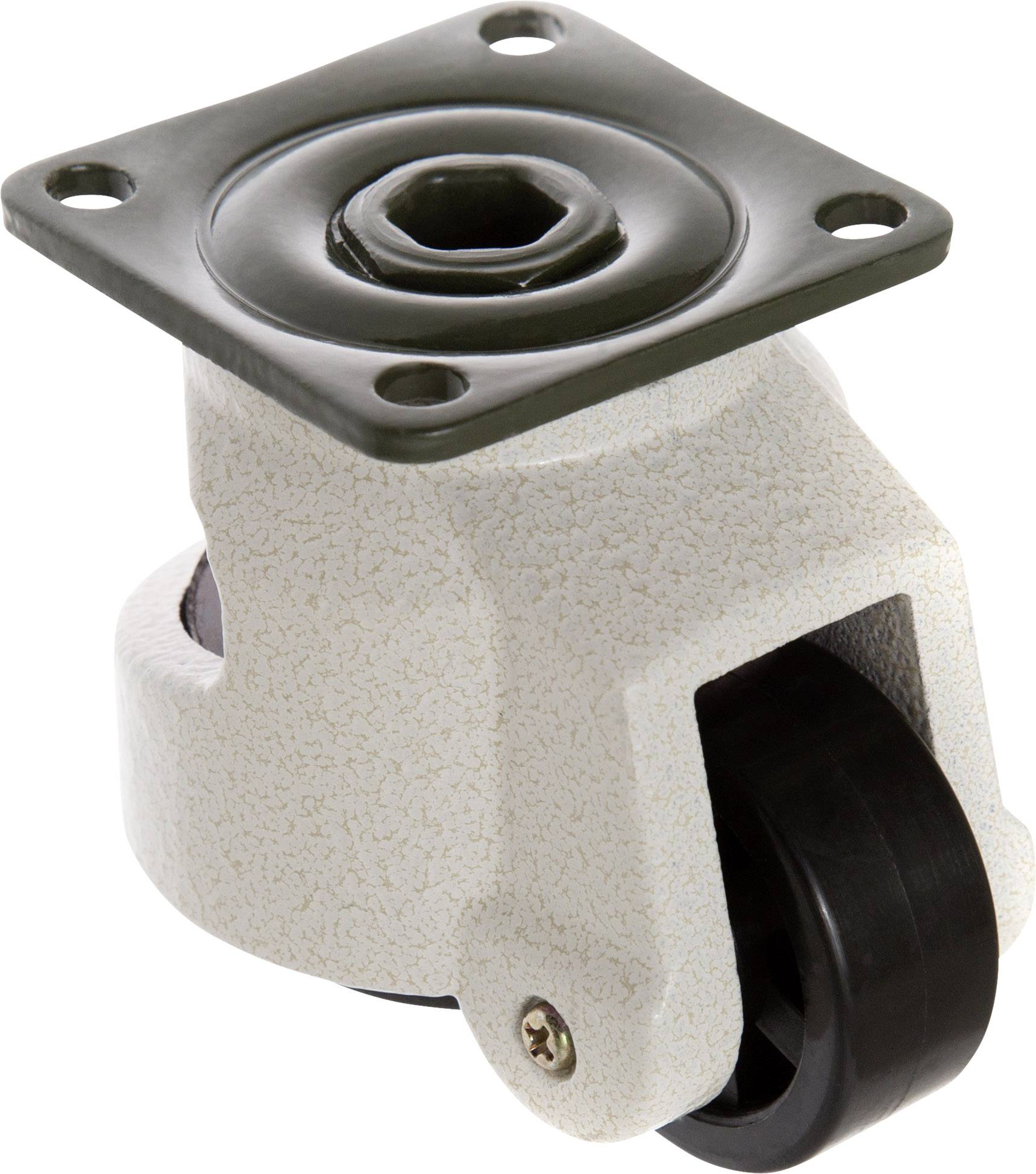 Et drejbart hjulbeslag i et lyst hus med fire monteringshuller. Ideel til installation på møbler eller udstyr.