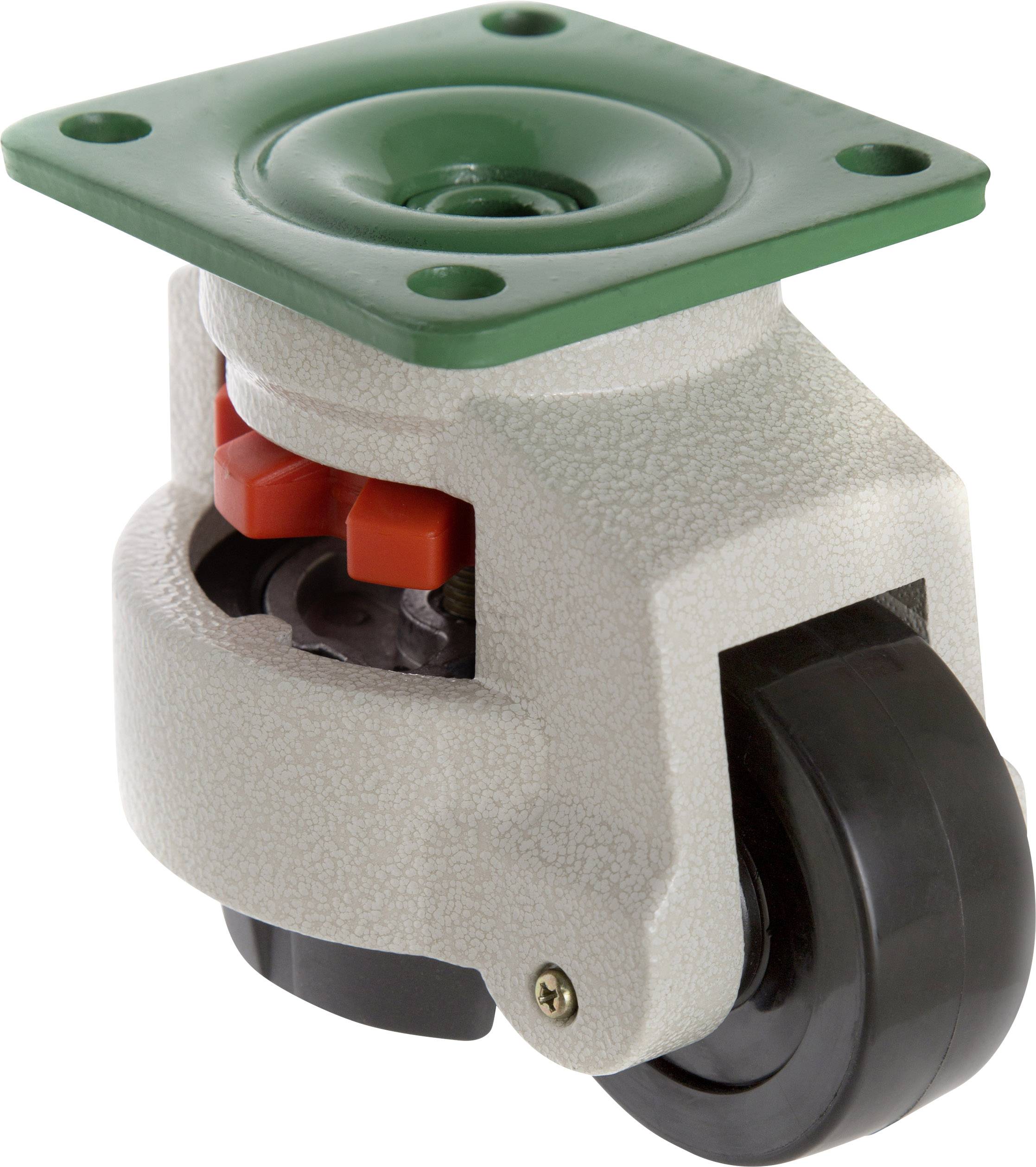 Rulleleje med grå holder og sort hjul. Foroven grøn metalplade til fastgørelse.