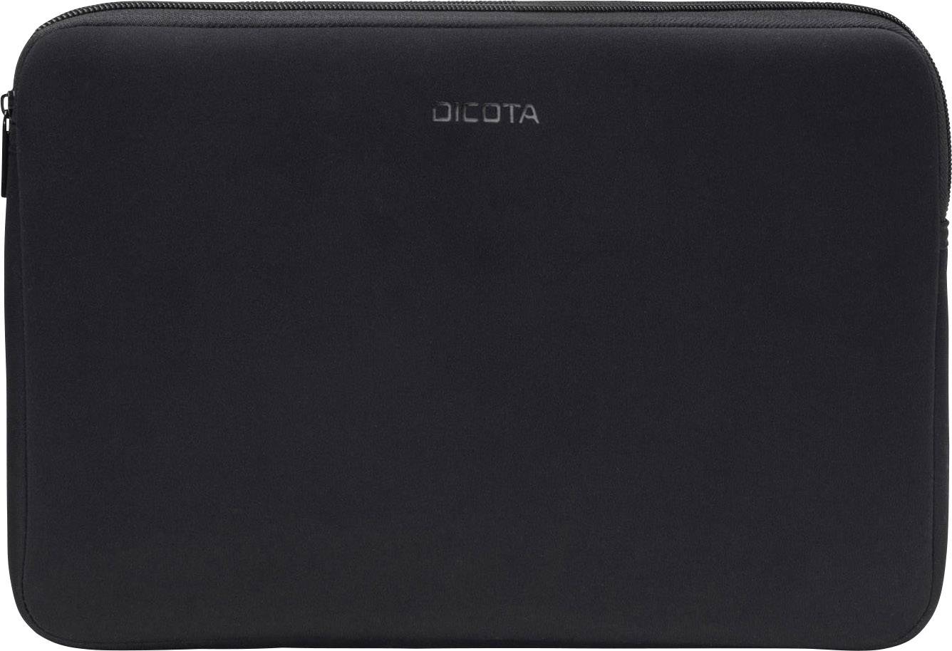 Sort computertaske med lynlås, hvor mærkenavnet 'Dicota' er synligt i midten af tasken.