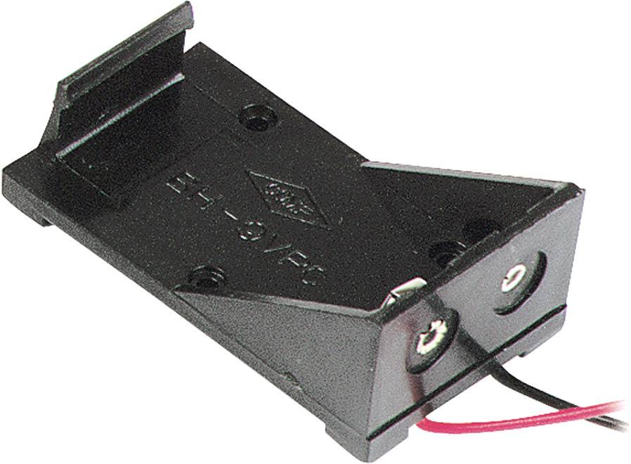 Sort batteriholder til to AA-batterier med fremstående kanter og to tilsluttede ledninger til strømforsyning.