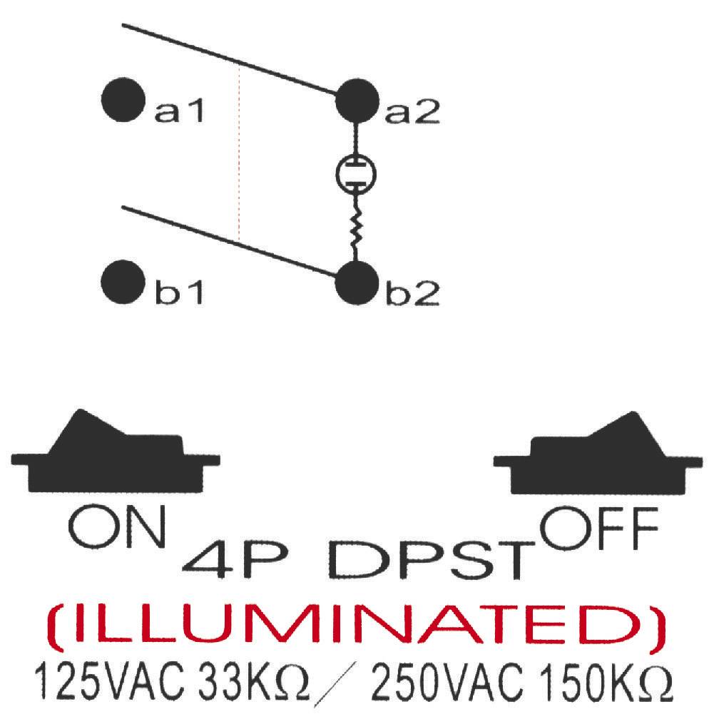 Diagram over en belyst 4-polet dobbeltpol-vekselafbryder. Øverst: Kredsløbsdiagram. Nederst: 'ON 4P DPST OFF', spændings- og modstandsværdier.