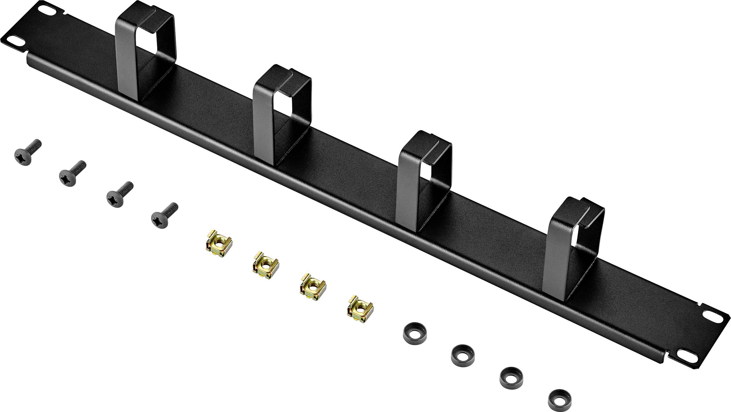 Sort kabelstyringsbeslag med fire clips til montering på et rack. Indeholder skruer, skiver og møtrikker til montering.