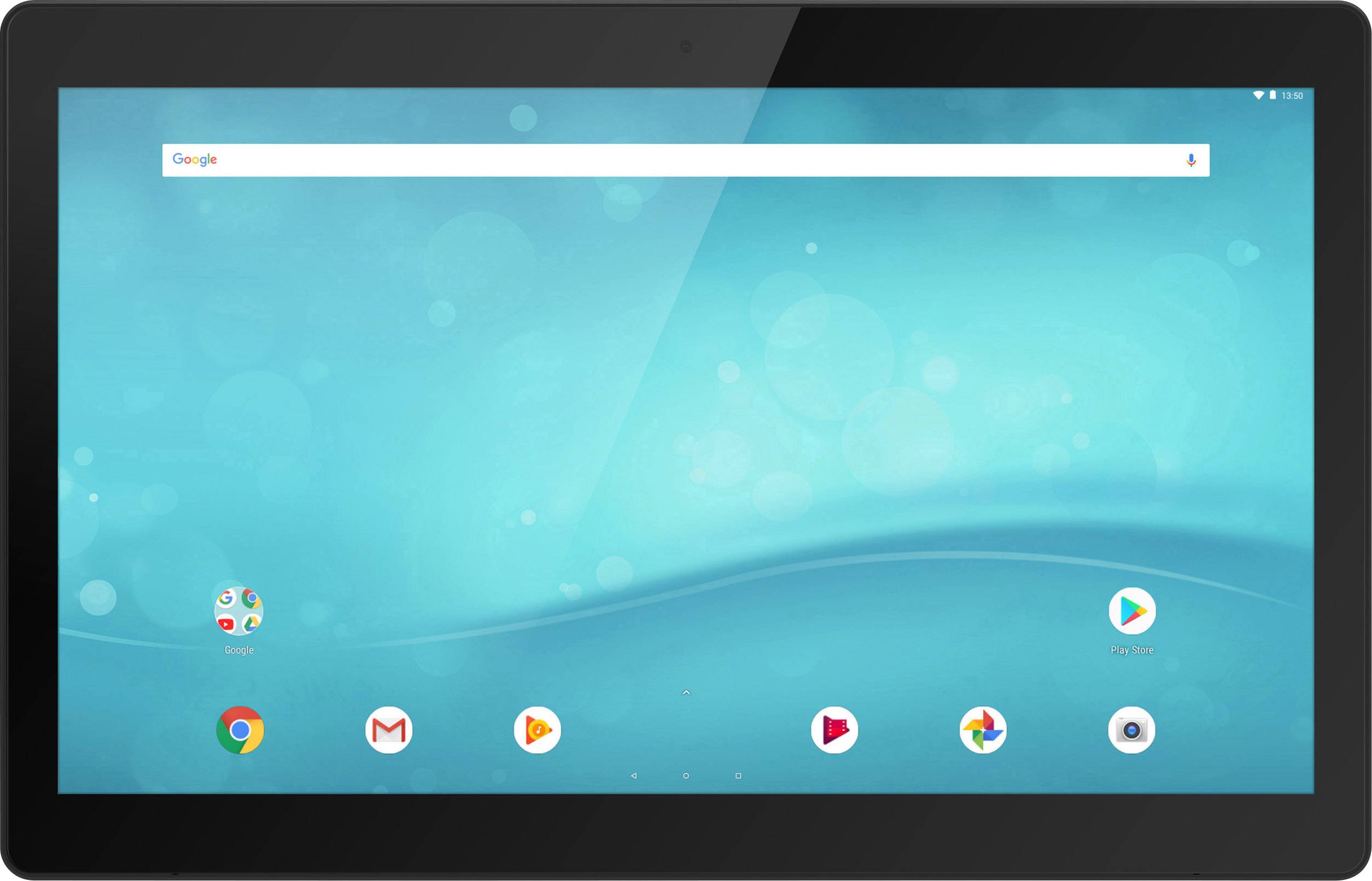 En tablet med blå baggrund viser app-symboler som Chrome, Gmail og Play Store langs den nederste del af skærmen.