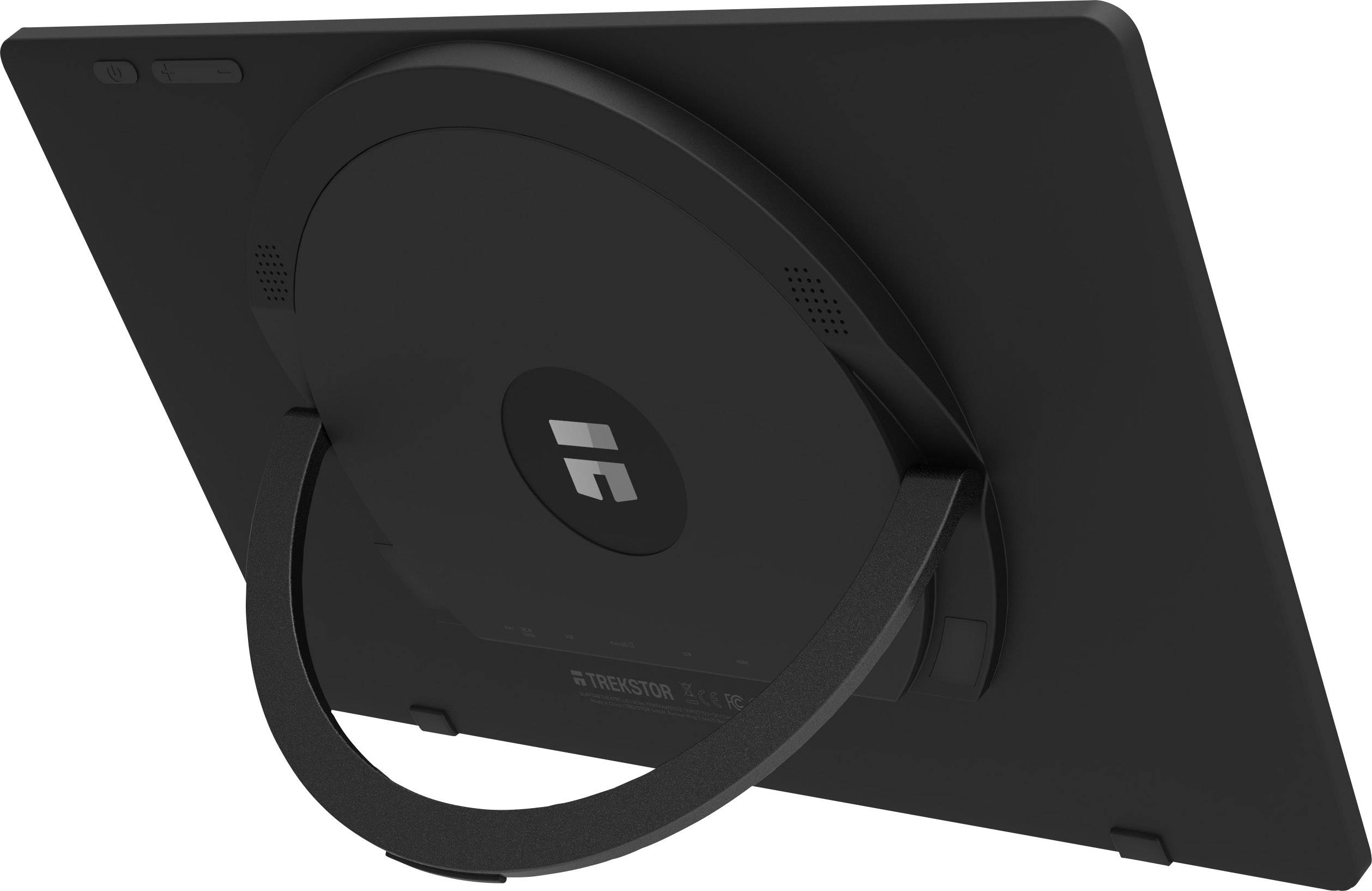 En sort tablet-holder med rund base og en foldbar støttefod.