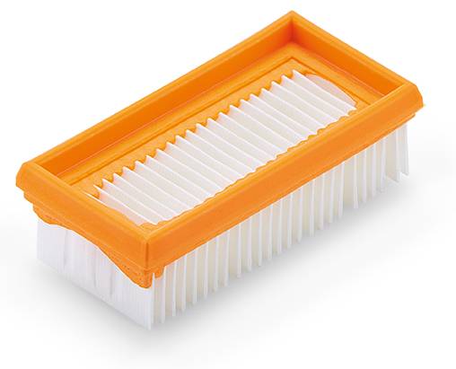 Et rektangulær orange-hvid luftfilter i en plastramme.
