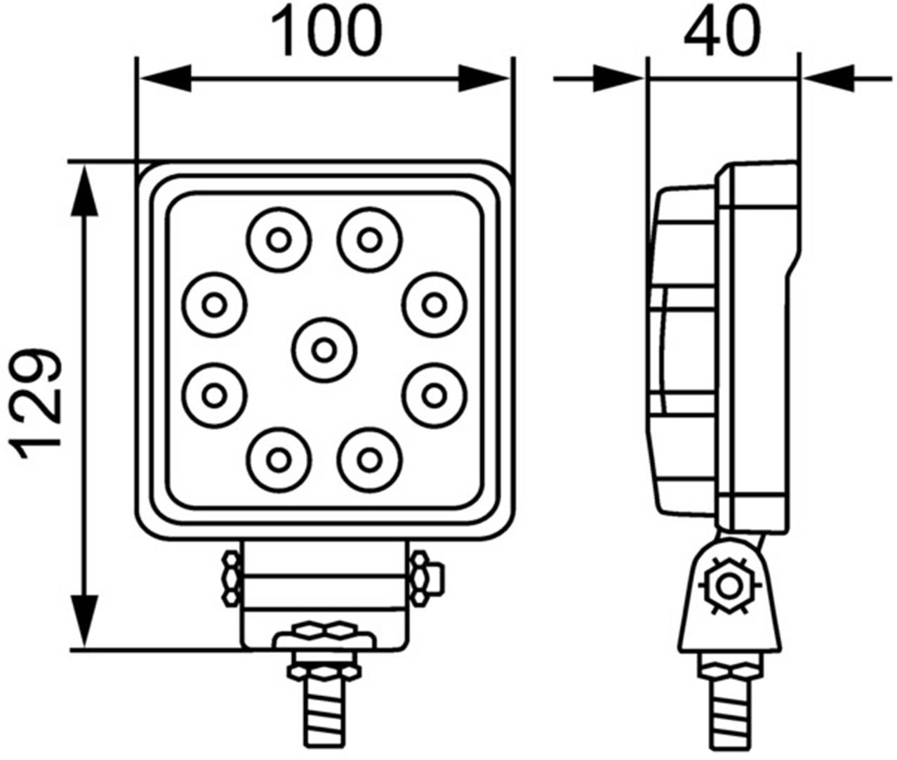 Teknisk tegning af en kvadratisk LED-projektor med mål: Bredde 100 mm, dybde 40 mm, højde 129 mm, viser front- og sidevisning.