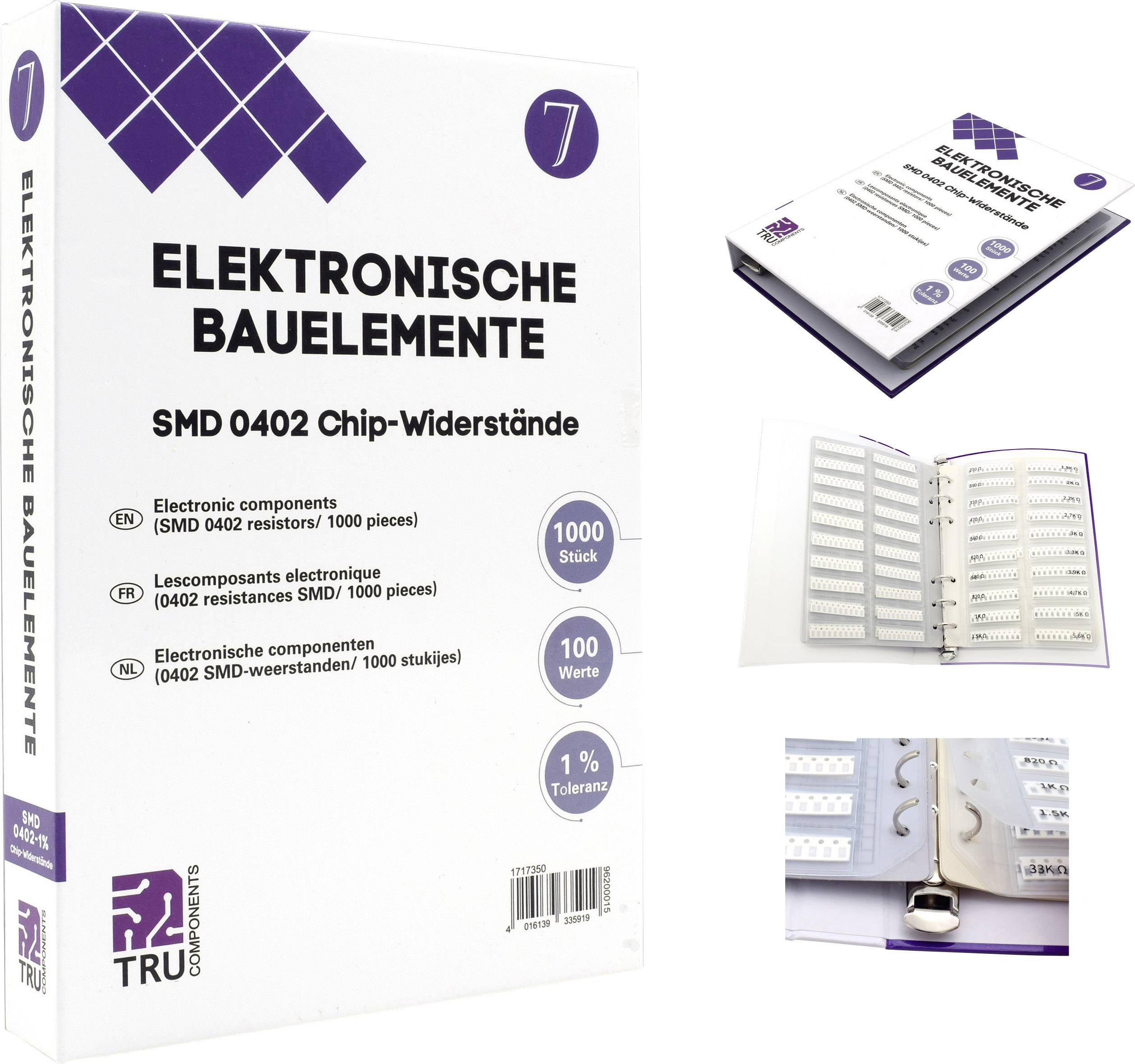 Elektroniske komponenter' boks med SMD 0402 chipmodstande, 1000 styk, 1% tolerance, inklusiv opbevaringsmappe.