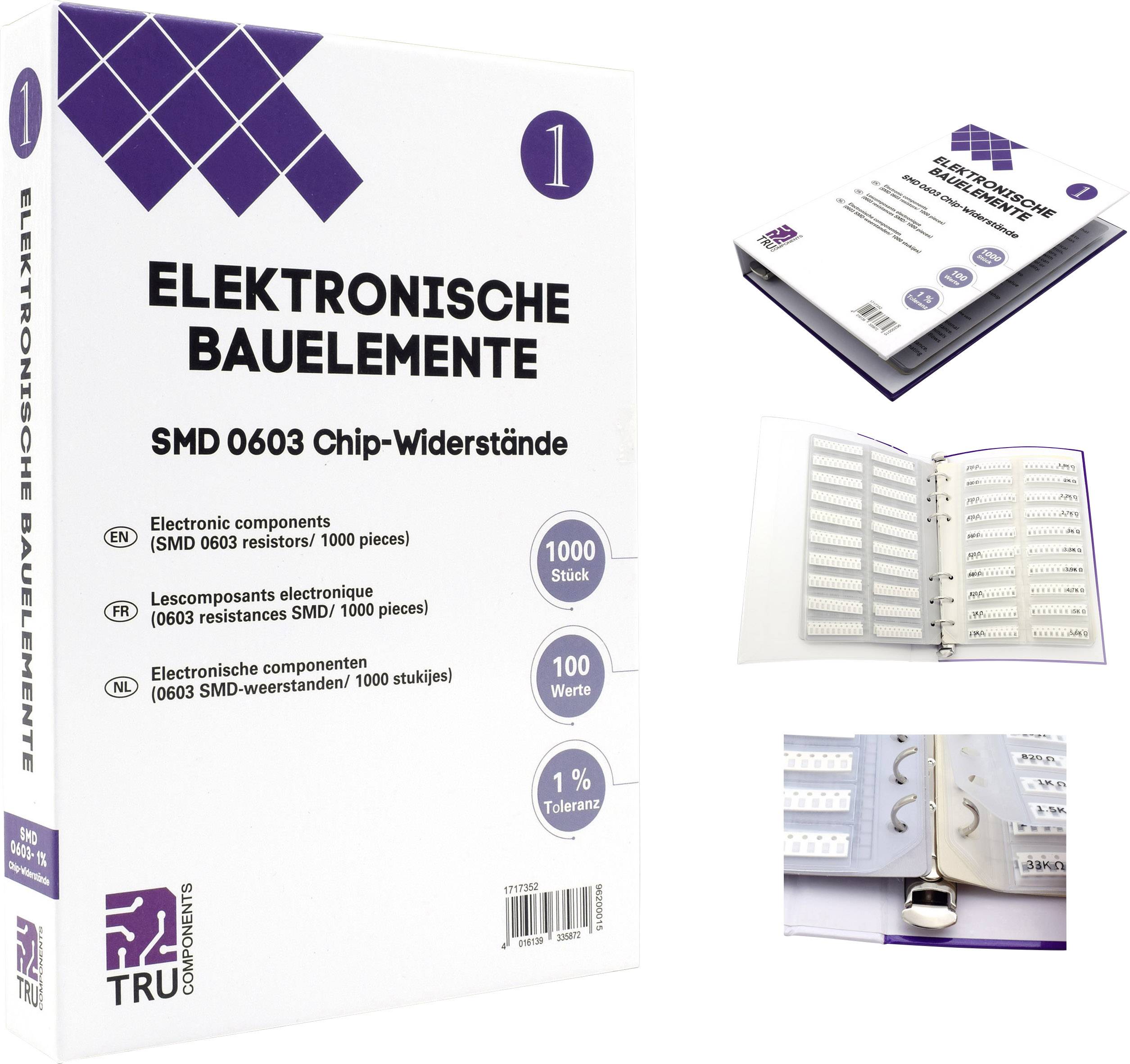 'Elektroniske Komponenter' Box indeholder SMD 0603 chip-modstande, 1000 styk, 100 værdier, 1% tolerance. Inkluderer en medfølgende prøvebog.