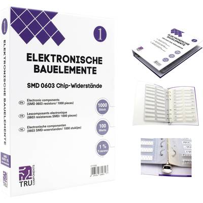 'Elektroniske Komponenter' Box indeholder SMD 0603 chip-modstande, 1000 styk, 100 værdier, 1% tolerance. Inkluderer en medfølgende prøvebog.