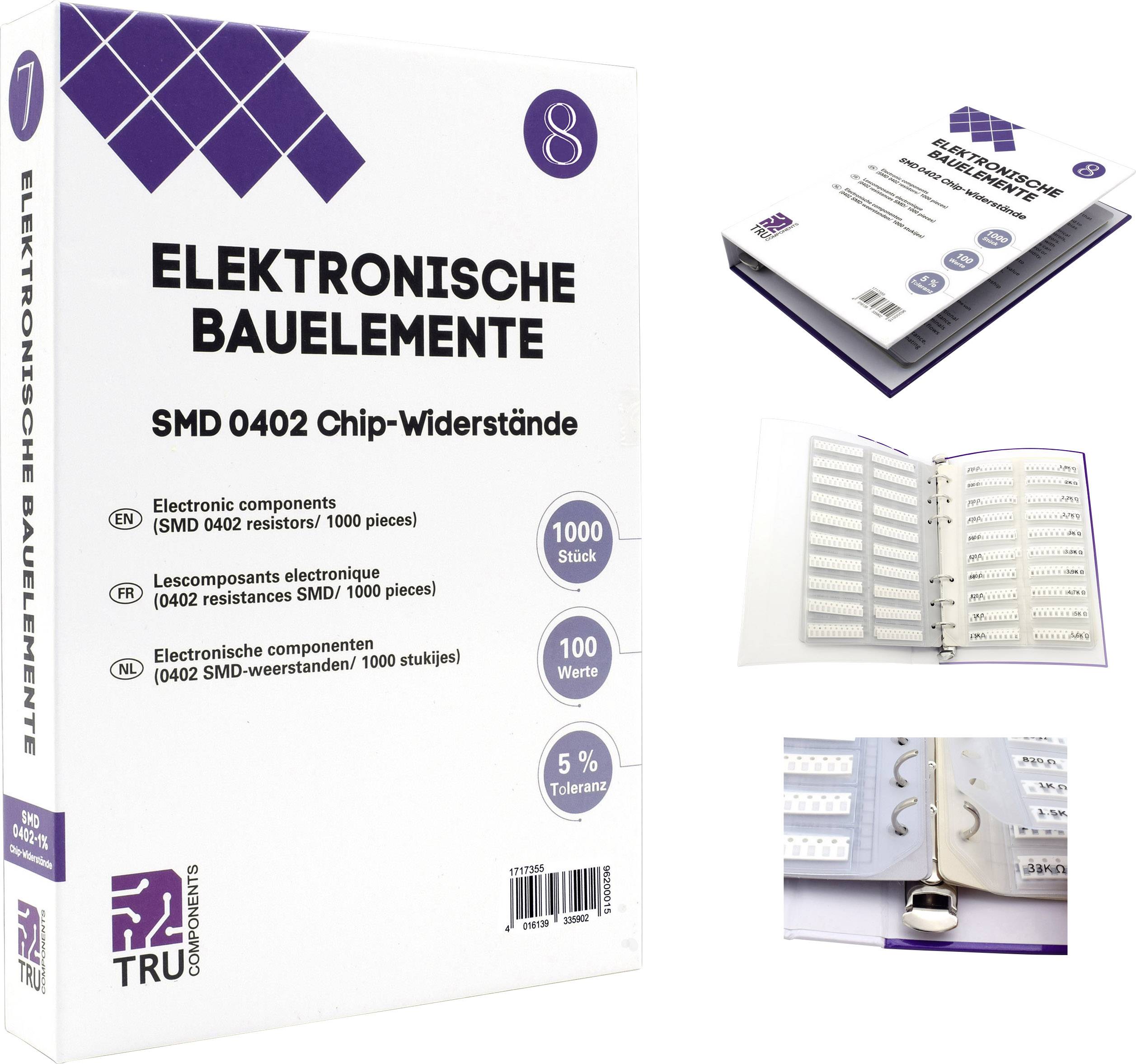 Elektroniske SMD-komponenter 0402 Chip-modstande, pakke med 1000 styk, 100 værdier, 5% tolerance, mærke TRU Components.