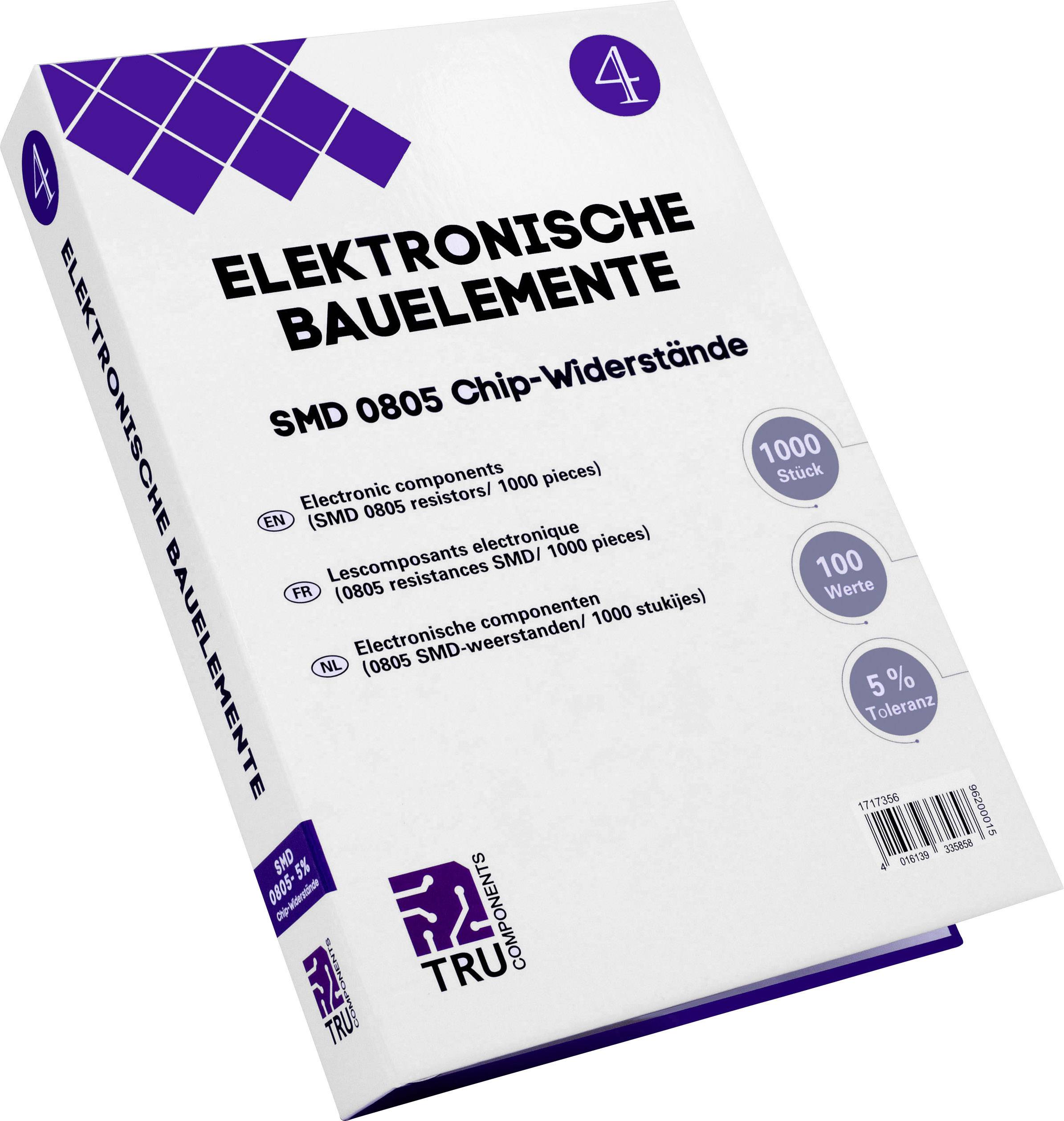 Elektroniske SMD-komponenter 0805 chipmodstandsstik, 1000 styk, 5% tolerance. Emballage fra TRU Components med detaljer på flere sprog.