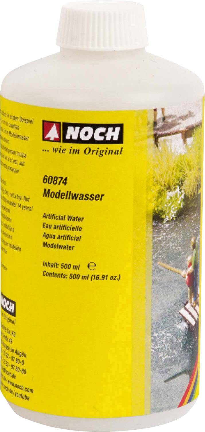 Flaske med 'Modelvand' påskrift, mærke NOCH, 500 ml, til modelbyggerformål. Indeholder produktoplysninger og brugsvejledning.