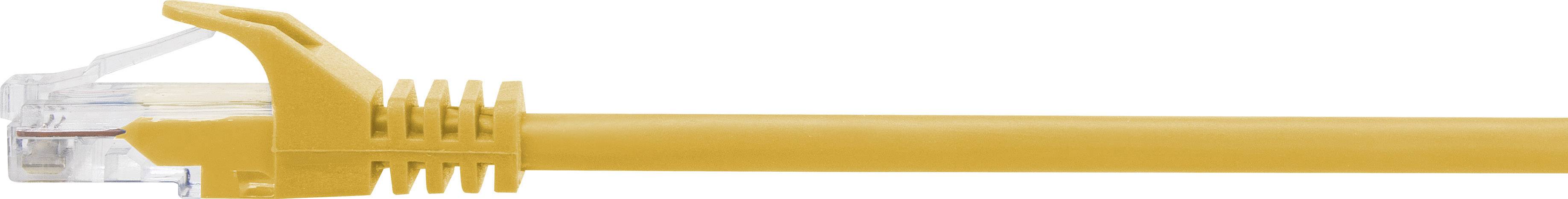 Gult Ethernet-kabel med en RJ45-stik, ofte brugt til netværksforbindelser.