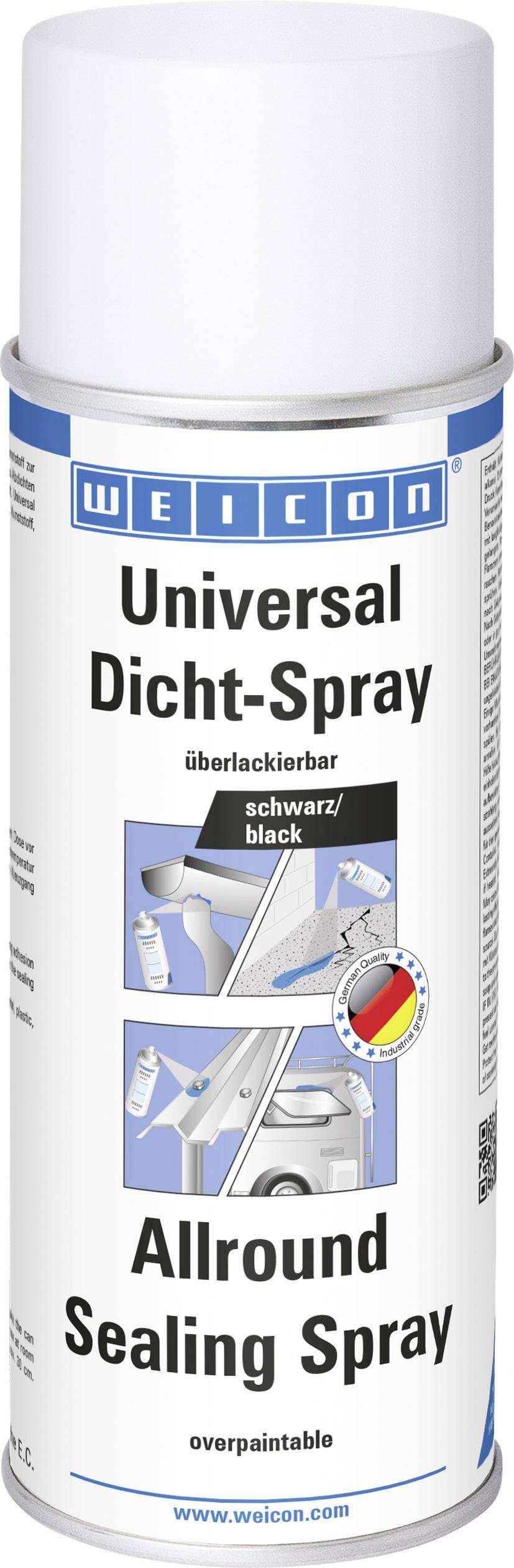 En spraydåse 'WEICON Universal Tætningsspray', overlakerbar, sort, viser anvendelsesbilleder og det tyske kvalitetsstempel.