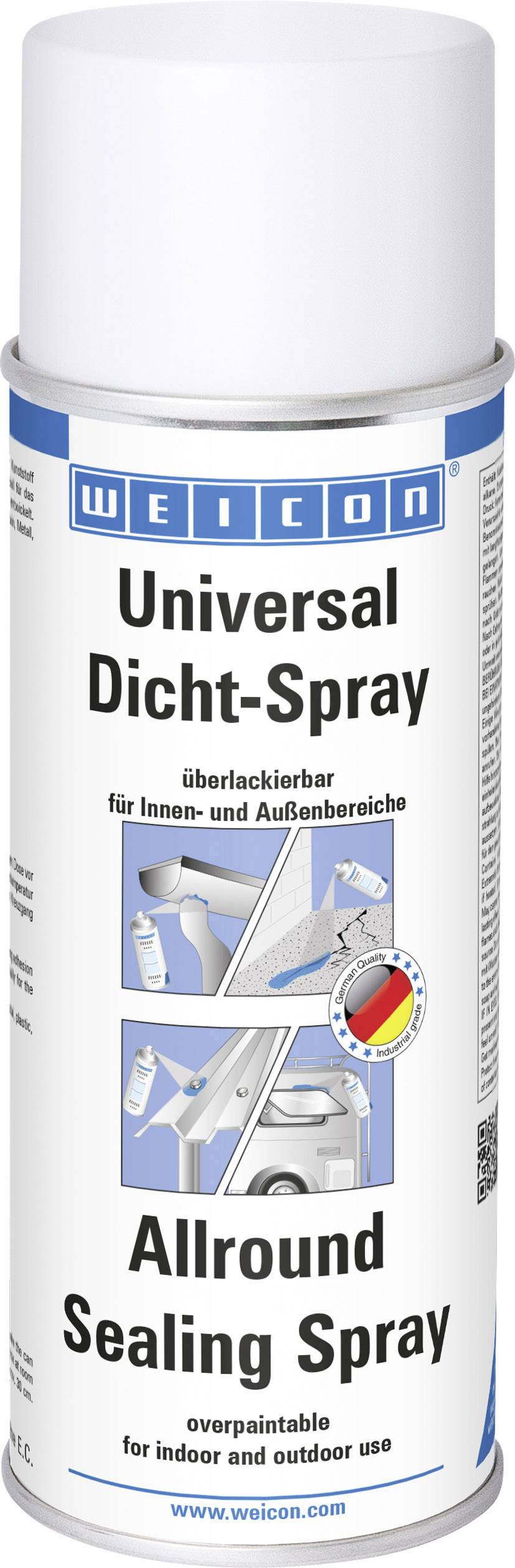 Universal tætningsspray fra WEICON, overmalbar, egnet til indendørs og udendørs brug.