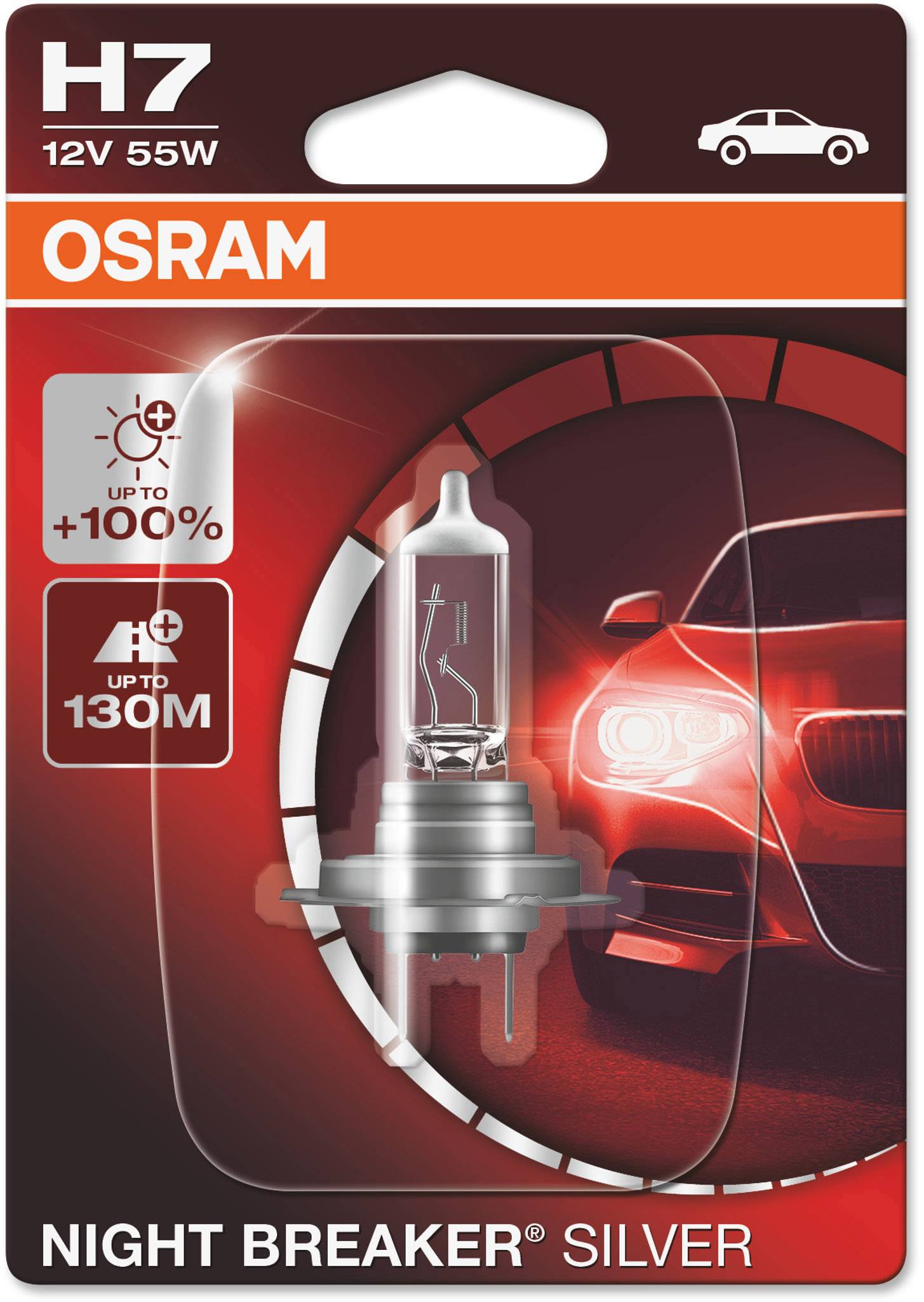 Glødepærens emballage med bilafbildning og tekst 'OSRAM Night Breaker Silver, H7 12V 55W, op til 100% mere lys, op til 130m'.