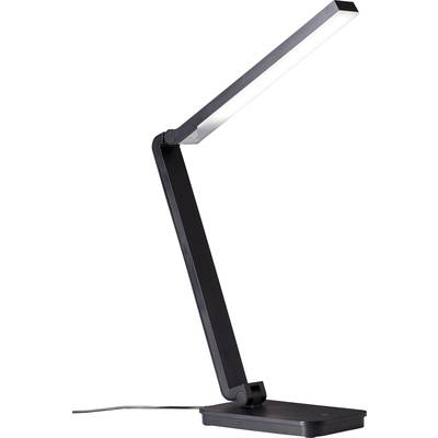 Sort, moderne, justerbar bordlampe med L-formet arm, belyst af en LED-lyslinje, står på et skrivebord.