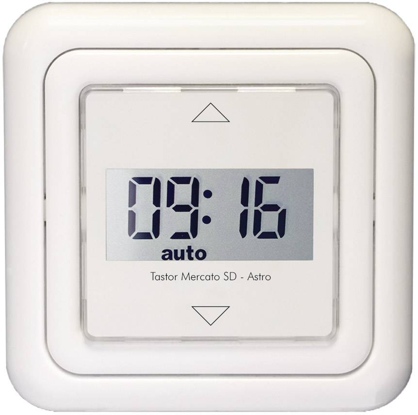 Digital timer med display '09:16' og tilstand 'auto'. Enhed fra Tastor Mercato SD - Astro. Designet til styring af elektriske apparater.