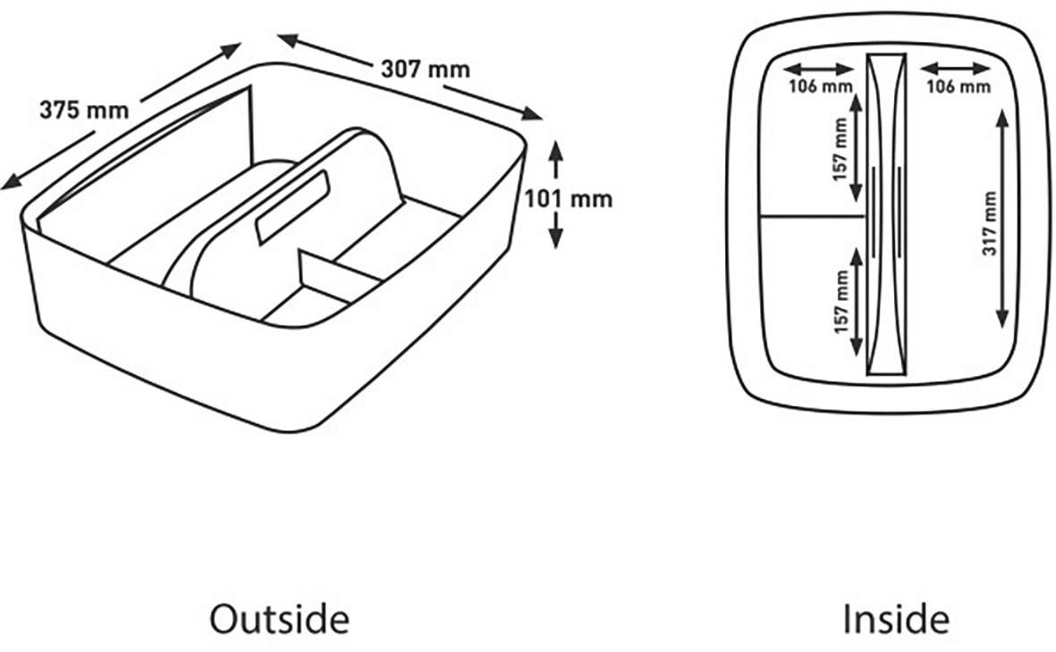 Diagram af en rektangulær kasse med mål. Udvendig visning: 375 mm x 307 mm x 101 mm. Indvendig visning viser rum: 317 mm x 157 mm.