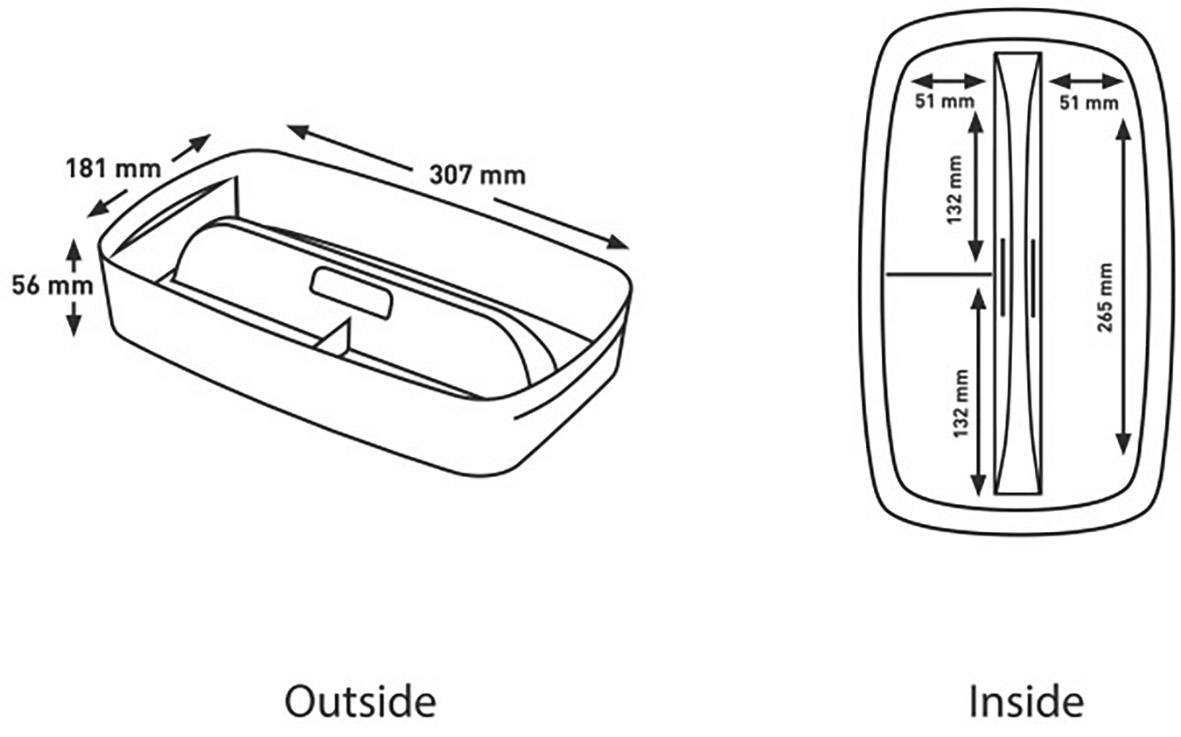 Illustration af beholderens mål: Udvendigt 307 mm længde, 181 mm bredde, 56 mm højde. Indvendigt 265 mm længde, 132 mm bredde, 51 mm højde.