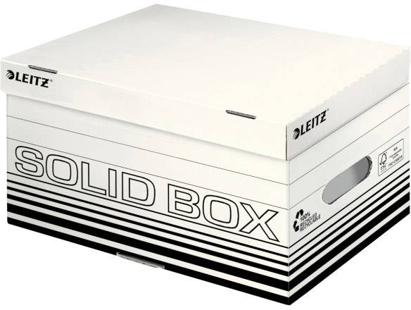 Hvid opbevaringsboks fra mærket Leitz, med påskriften 'SOLID BOX', velegnet til kontororganisering og arkivering.
