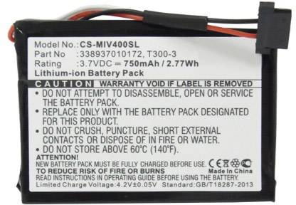 Lithium-ion batteri, Model CS-MIV400SL, 3,7VDC, 750mAh, 2,77Wh. Advarsel: Må ikke åbnes, kortsluttes, knuses eller brændes.
