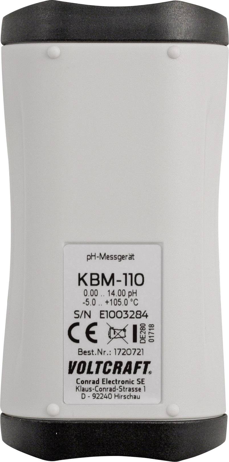Et pH-måleapparat med modelnavnet 'KBM-110' og CE-mærkning, produceret af Voltcraft. Serienummer er E1003284.