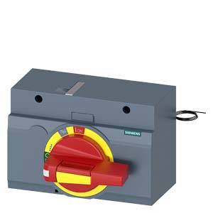 En grå elektrisk kontakt med en rød og gul drejeknap fra Siemens, der viser positionerne for 'Til' og 'Fra'.