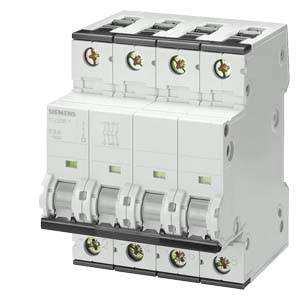 En hvid, 4-polet sikringsautomatisk afbryder fra Siemens, egnet til beskyttelse af elektriske strømkredse mod overbelastning og kortslutning.