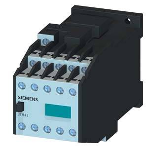 Et sort Siemens-kontaktor til elinstallationer. Model 3TH43, kompakt og robust, velegnet til styring af elektriske enheder.