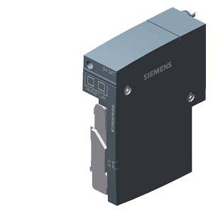En mørkegrå elektrisk modul med Siemens-logo, smal, i rektangulær form, og har stik i forsiden.