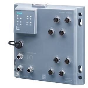 Siemens industri-switch med flere Ethernet-porte til netværkstilslutning. Egnet til brug i industrielle miljøer.