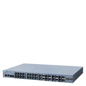 En grå netværksswitch med flere Ethernet-porte, egnet til brug i virksomhedsnetværk.
