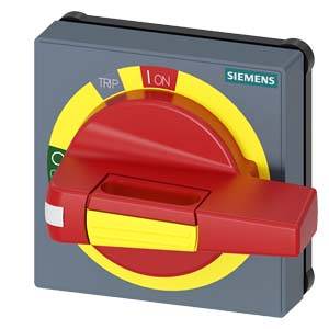Rød hovedafbryder fra Siemens med gul cirkel, afbryder i 'TIL'-position. Påskrifter: 'TRIP' og 'TIL'.