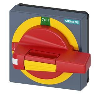 En rød Siemens hovedafbryder på en grå plade. Afbryderen peger på 'Off' og er omgivet af en gul cirkel.