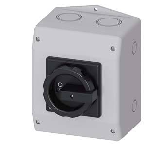 Industriel drejeafbryder i et grå hus med sort drejeknap, der viser positionerne '0' og '1' til styring af elektriske apparater.