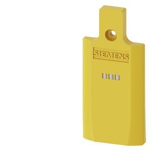 Gul Siemens-nøgle med rektangulær form, forsynet med et hul øverst til fastgørelse.