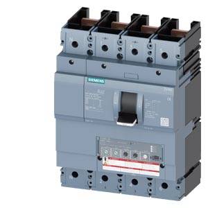 En grå, multipolær effektafbryder fra Siemens med en vippeafbryder i midten og flere tilslutningsklemmer øverst.