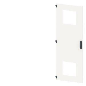 Hvid dør med sort håndtag, to kvadratiske vinduer; enkelt design uden yderligere detaljer eller dekoration.