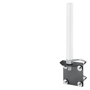En lodret stående cylindrisk antenne med en sort base og sølvfarvede skruer, monteret på en metaloverflade.